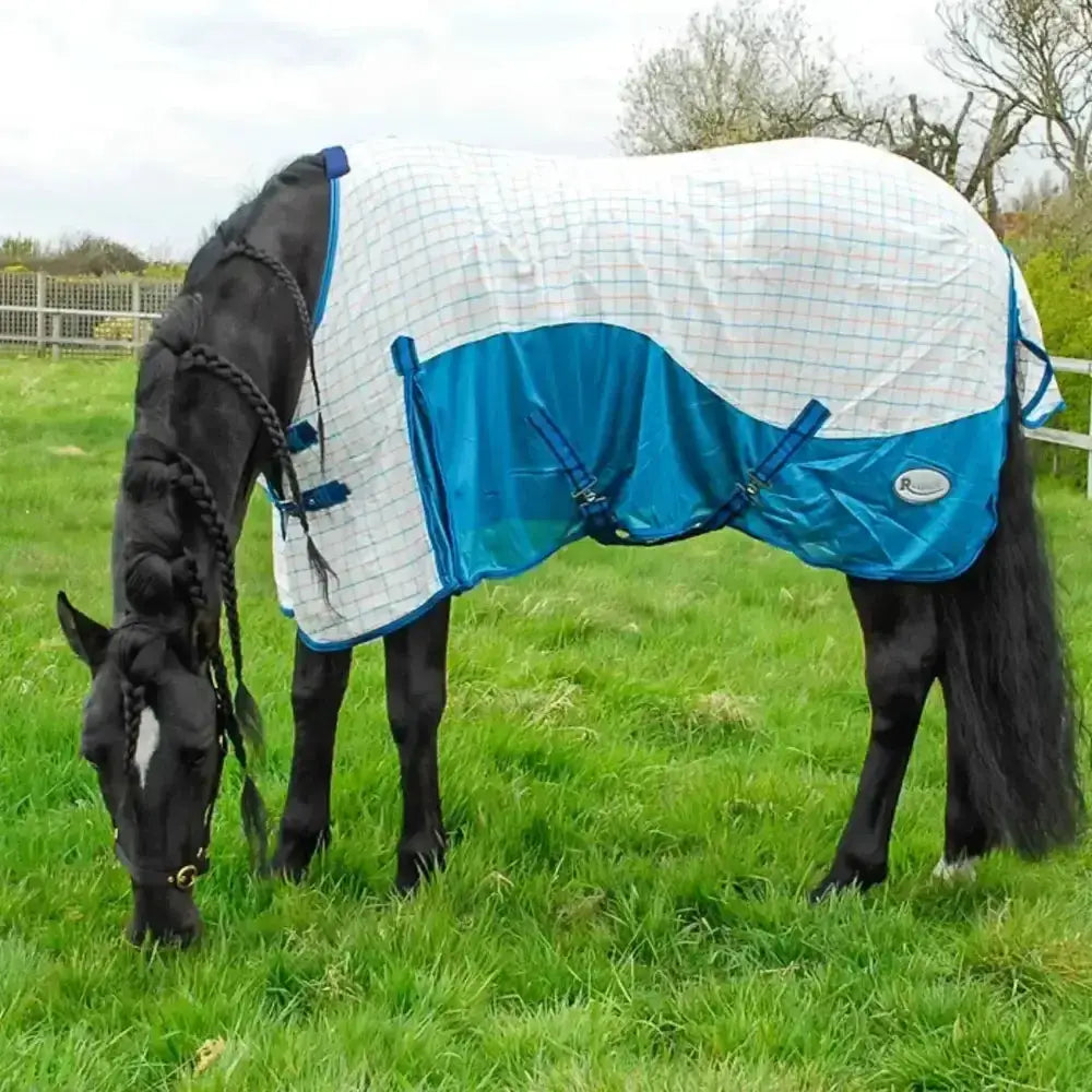 Blue and white checkered fly sheets rhinegold helena air summer sheet with blue trim and adjustable straps for horses