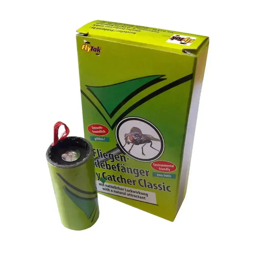 Green cylindrical flytak sticky classic mini fly-catcher with red string handle and black top for trapping flies