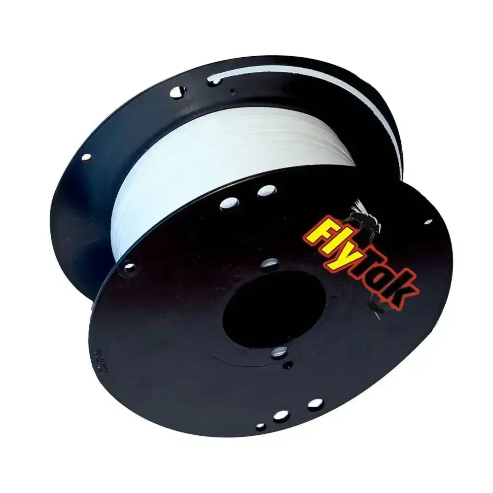 Black flytak sticky fly spool holding white sticky fly ribbon fishing line for fly tying and crafting use