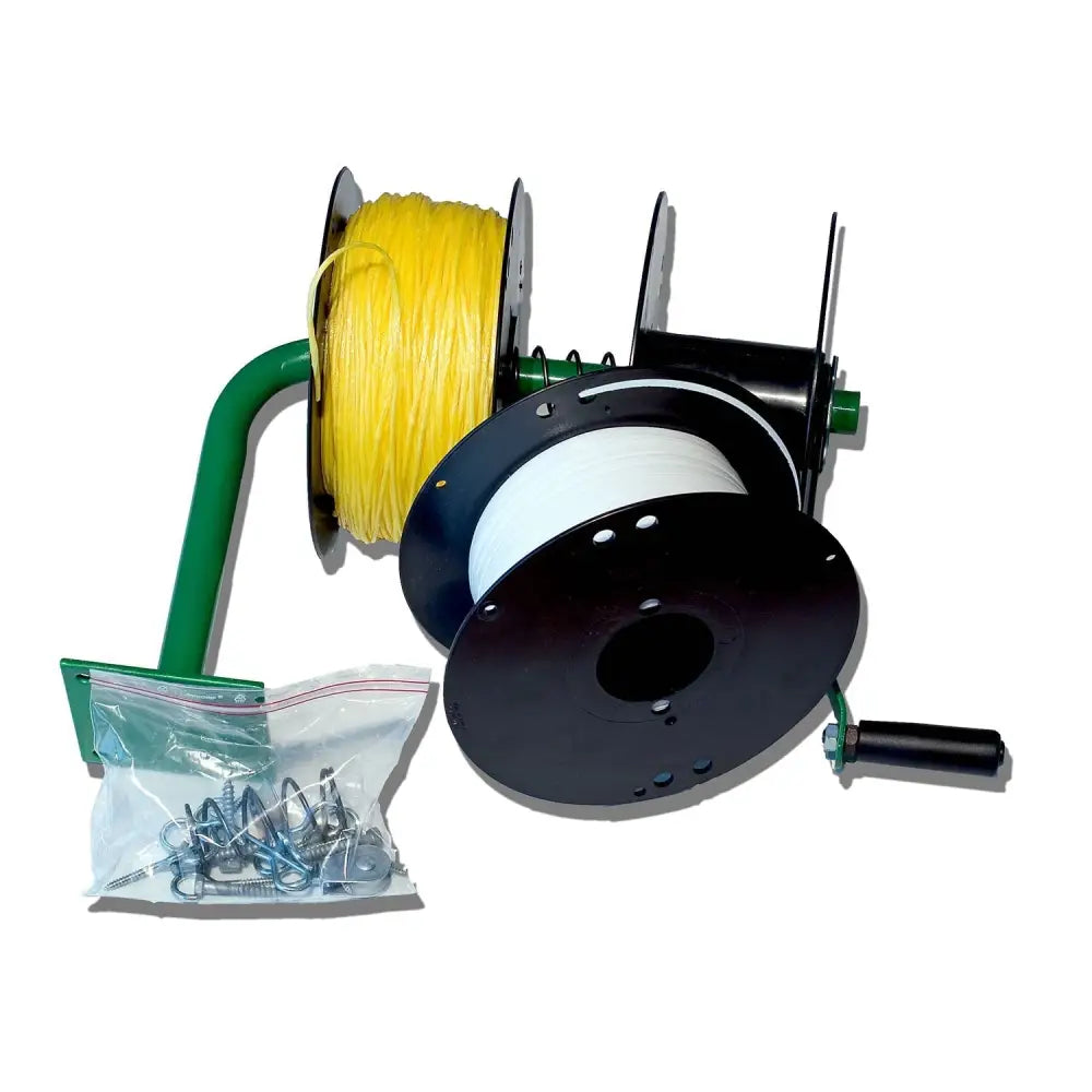 Green and black garden line spool with yellow and white nylon lines for flytak sticky fly sticky fly ribbon use