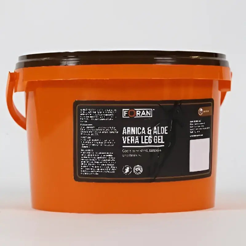 Bright orange plastic bucket with black lid of foran arnica aloe vera leg-gel for sore shins 2.5kg