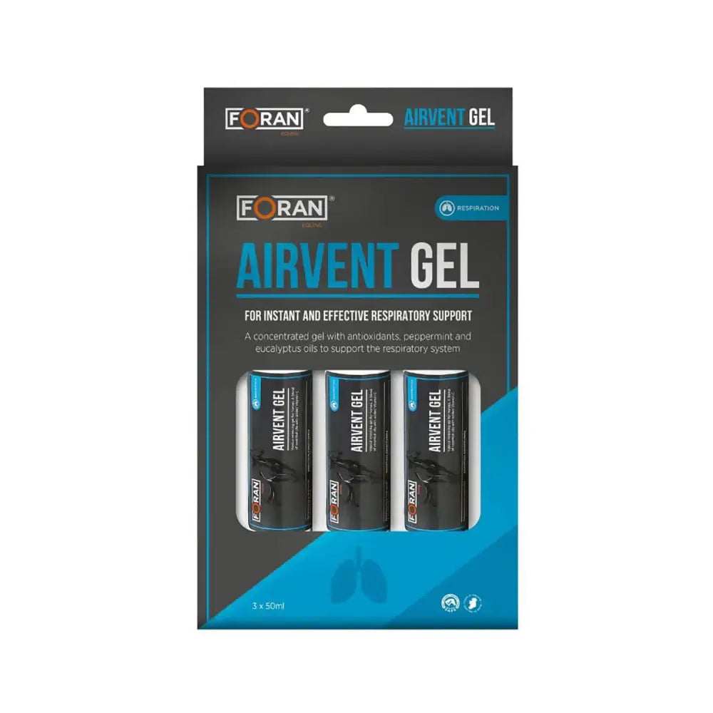 Foran equine airvent gel triple pack with three black and blue 50ml tubes of concentrated antioxidant respiratory support gel