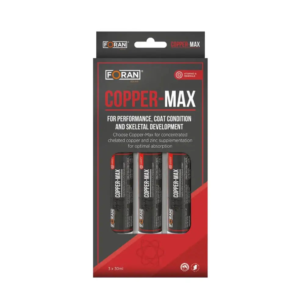 Foran equine copper-max triple pack with black and red packets containing three 30ml tubes for horses