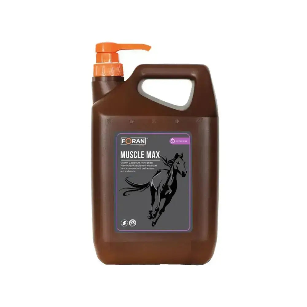 Brown plastic jug with orange pump for foran equine muscle max to maximise muscle function with black horse label