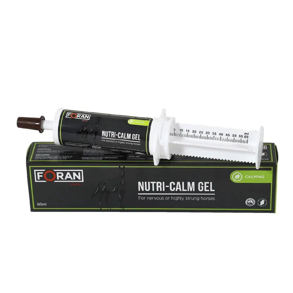 Foran equine nutri-calm gel syringe white and black with measurement markings for nervous horses concentrated performance