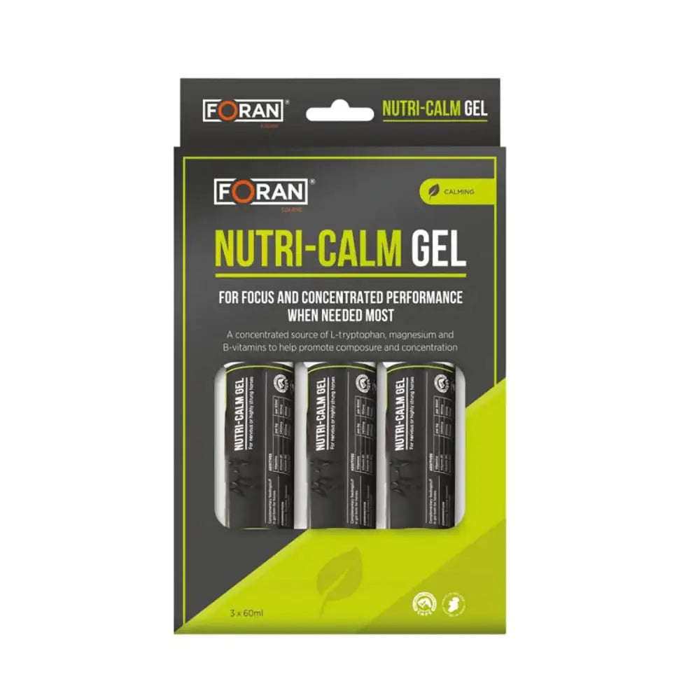 Black and lime green foran equine nutri-calm gel triple pack with three 60ml tubes for focus and performance
