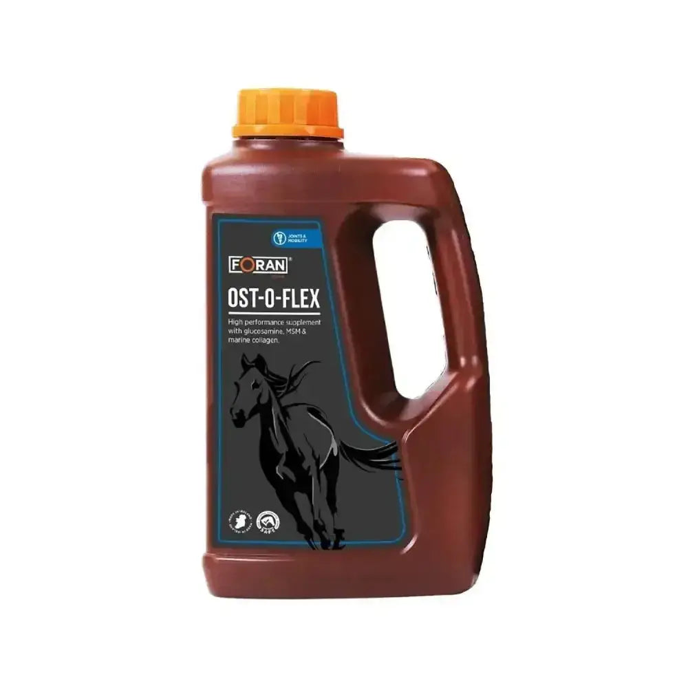 Brown plastic bottle with orange cap and black horse label for foran equine ost-o-flex horse hormonal supplements