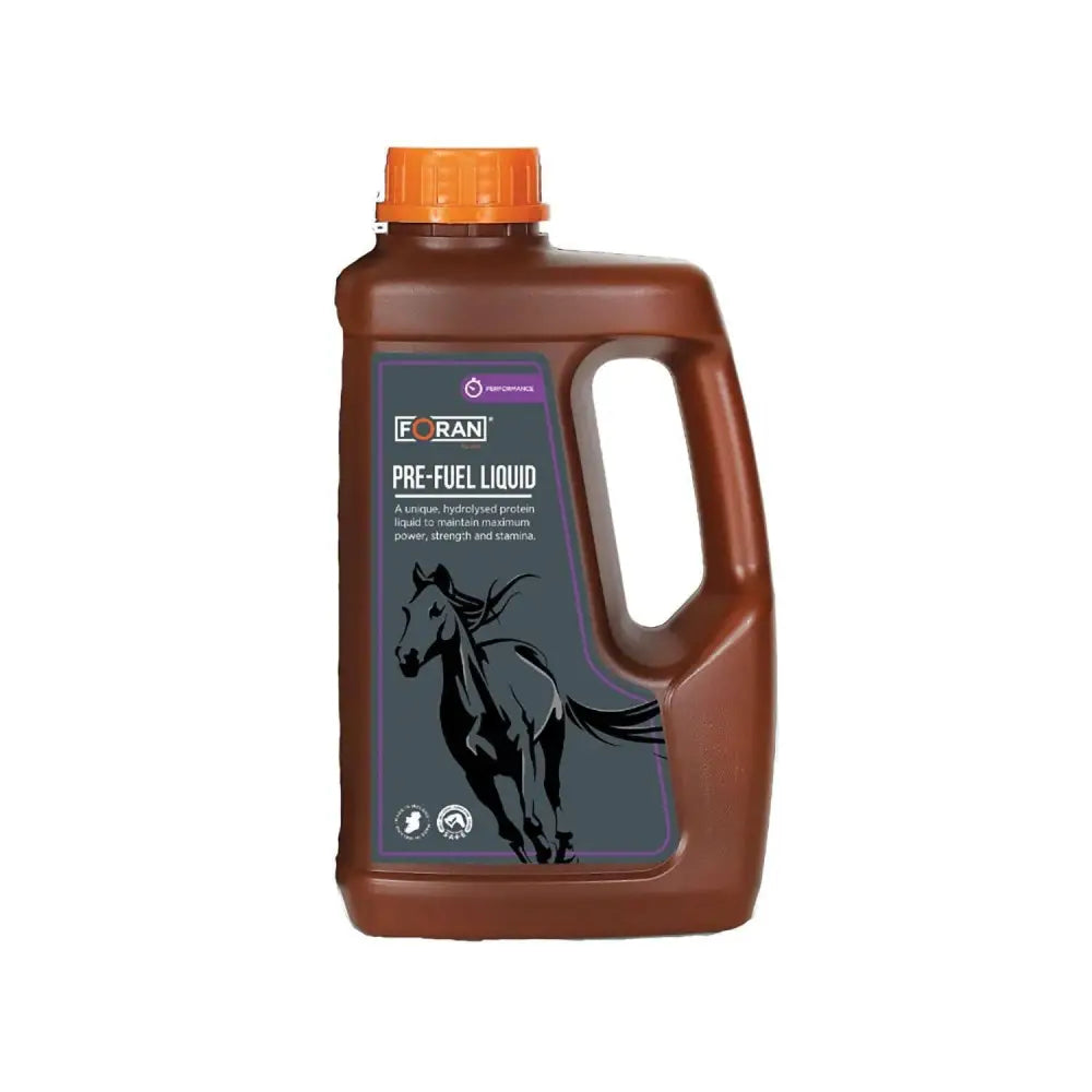 Brown plastic bottle with orange cap labeled foran equine pre-fuel liquid featuring a black horse silhouette and hydrolysed plant protein