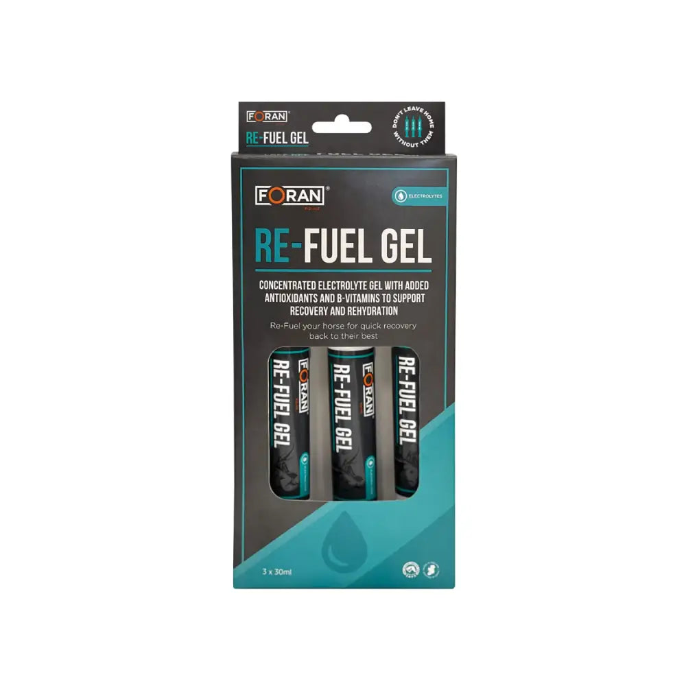 Foran equine re-fuel gel pack with three 30ml black and teal concentrated electrolyte gels for horse recovery