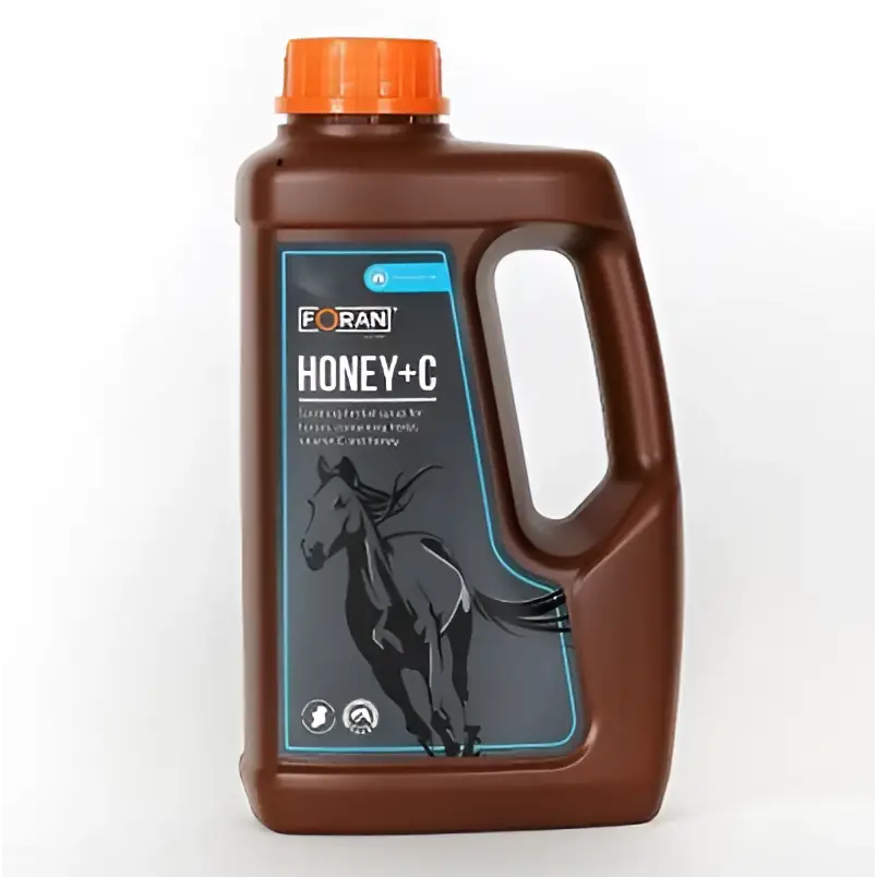 Brown plastic foran honey c syrup bottle with orange cap and horse illustration for equestrian use 1 l