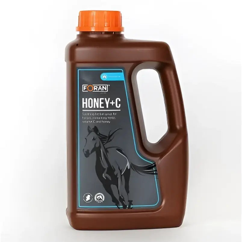 Brown plastic bottle of foran honey c syrup with orange cap and horse illustration for equestrian use 1l