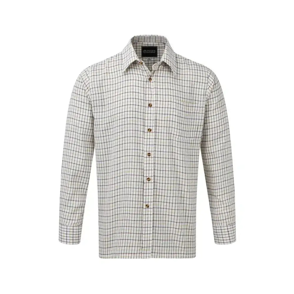 Classic fort tattersall shirt in white and black checkered brushed flannel with neat collar and subtle stitching details