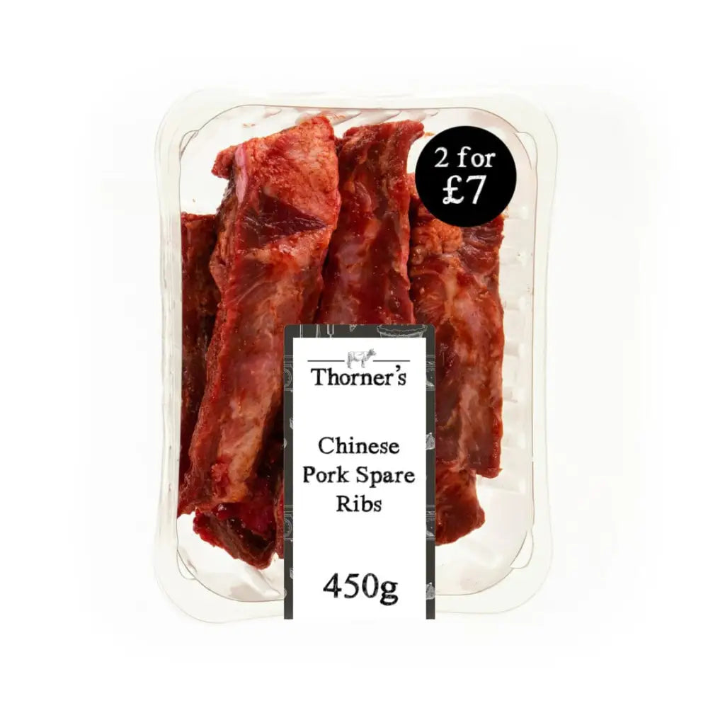 Clear plastic container holding 450g of thorne’s free range chinese pork ribs with high-quality meat inside