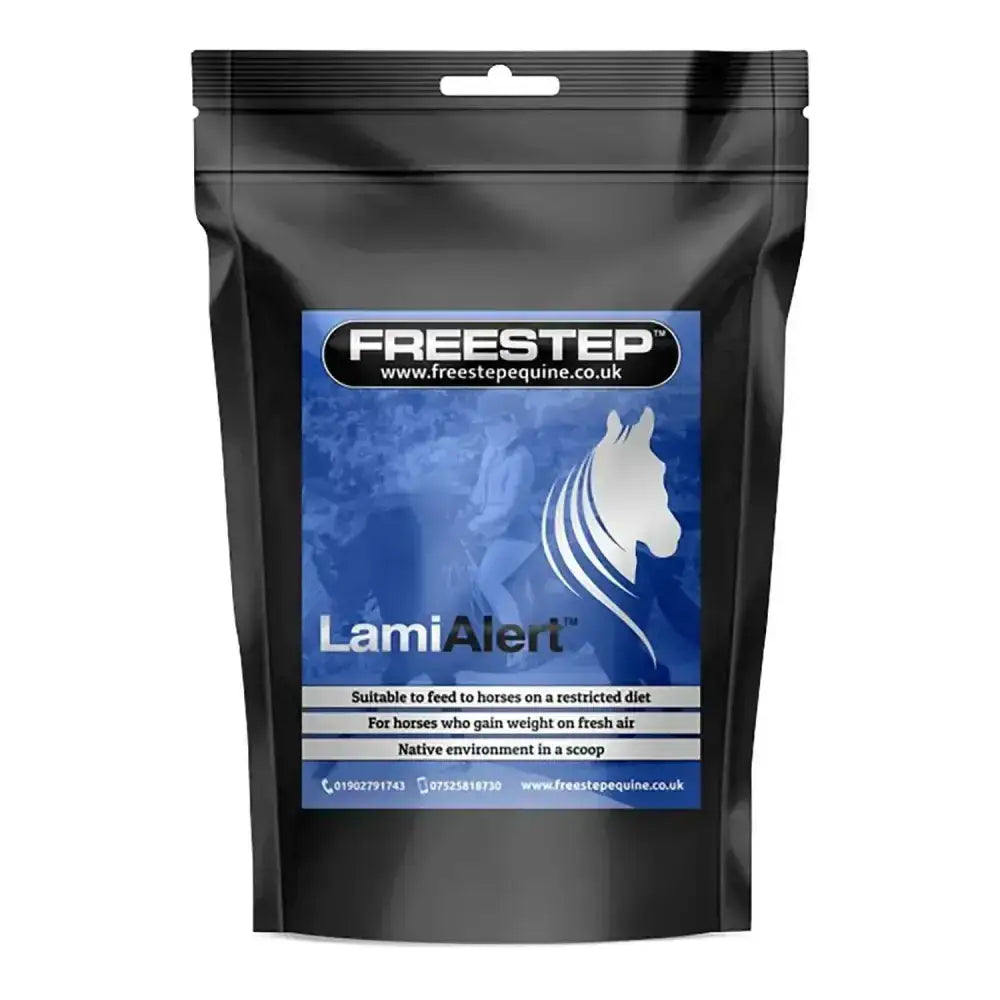 Black resealable pouch of freestep lamialert laminitic horse supplement for lamialert laminitic horse care