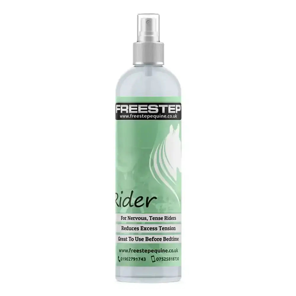A clear plastic freestep rider spray bottle with silver nozzle and light green label for nervous tense riders