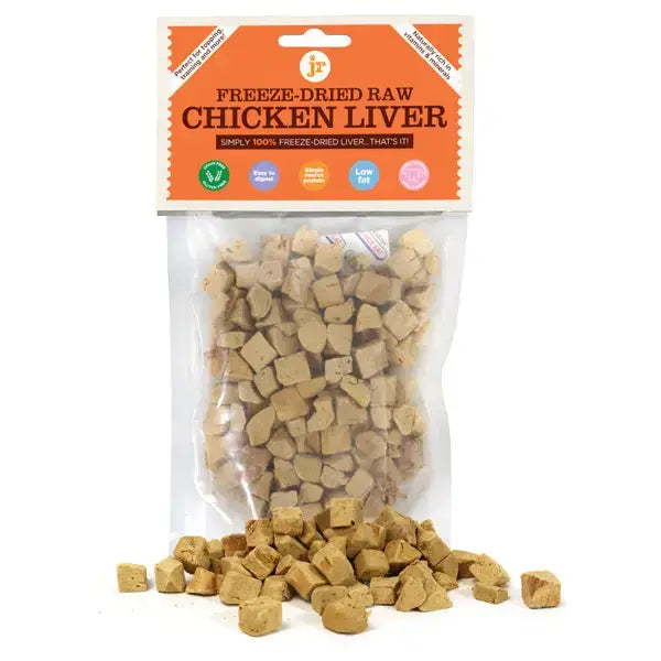 A clear pouch of jr freeze-dried raw chicken liver dog training treats gently freeze-dried for raw feeding