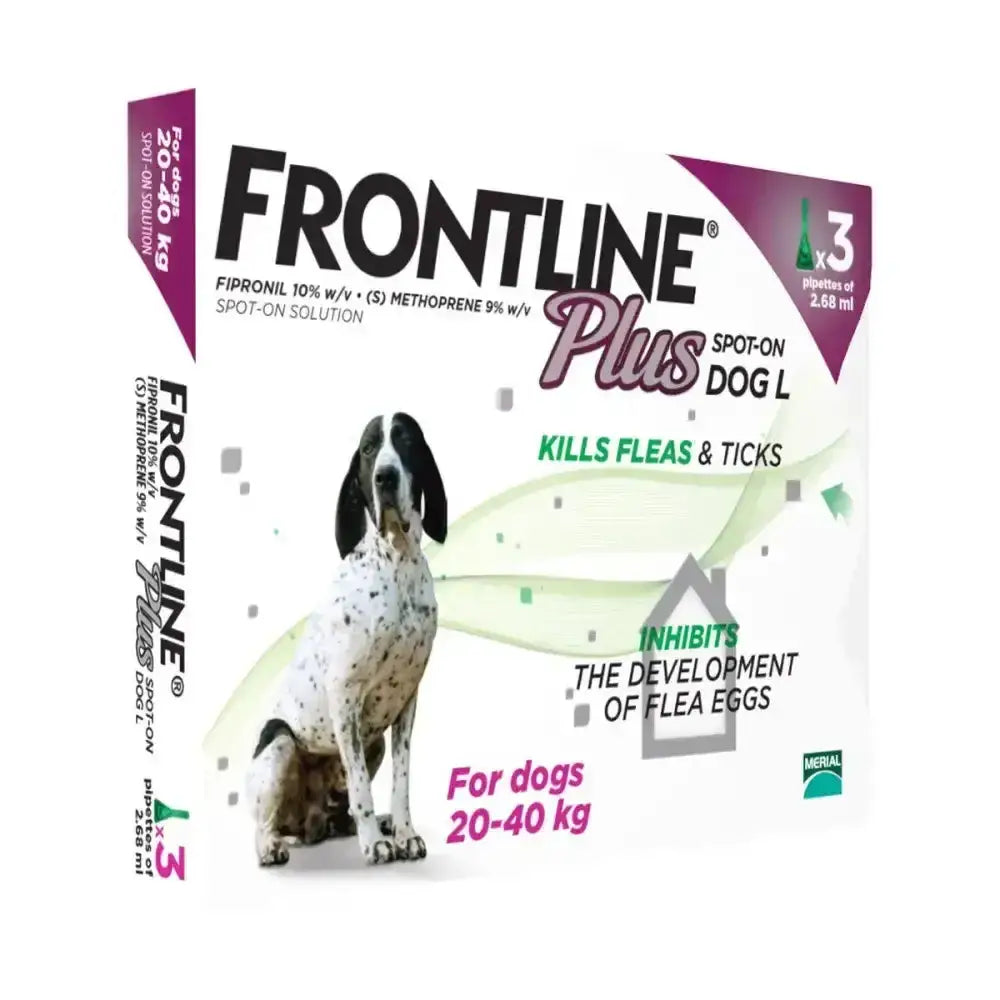 Frontline plus double action flea treatments for dogs 20-40 kg in white and purple box with black and white spotted dog image