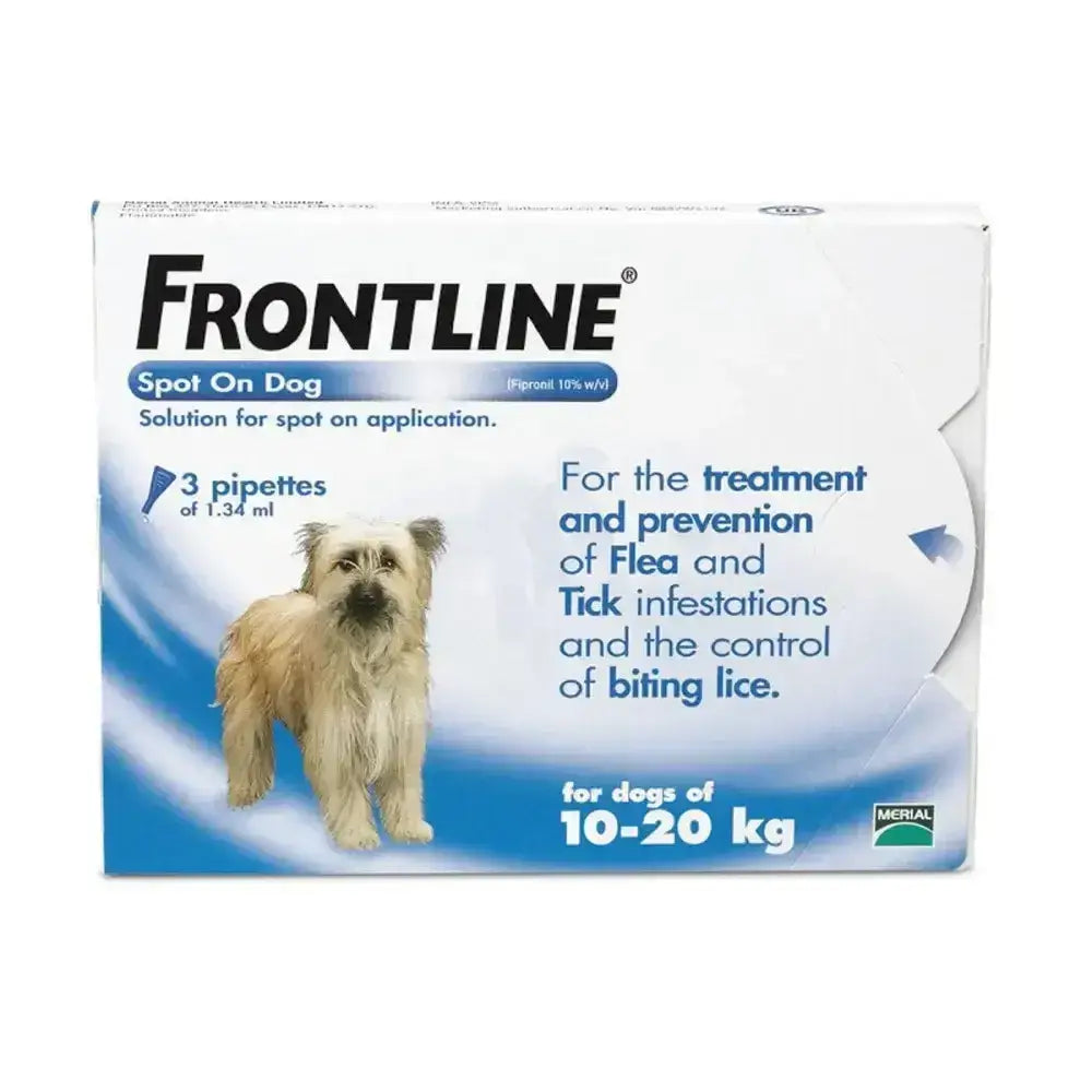 Frontline spot on dog flea treatment box with white and blue packaging featuring a small dog for dog supplies