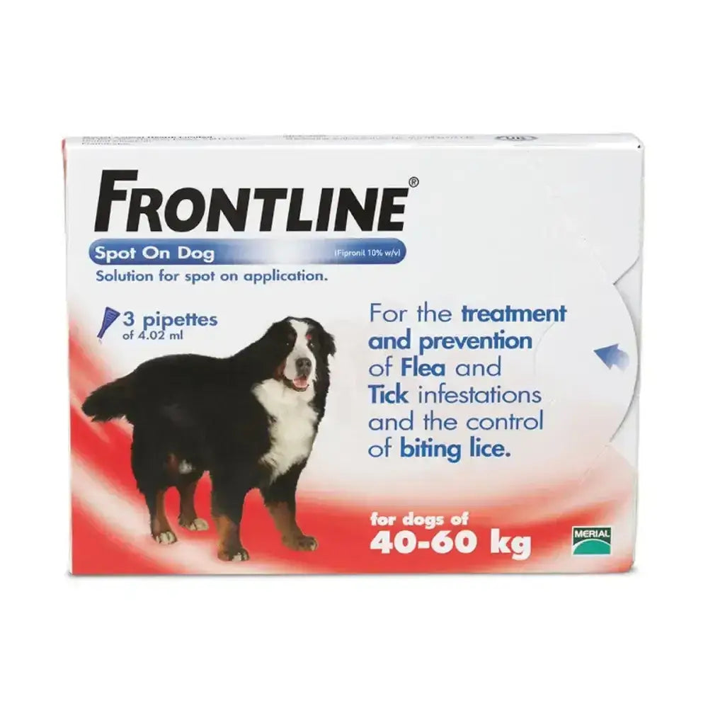 White and red box of frontline spot on flea treatments for dogs 40-60 kg in dog supplies product packaging