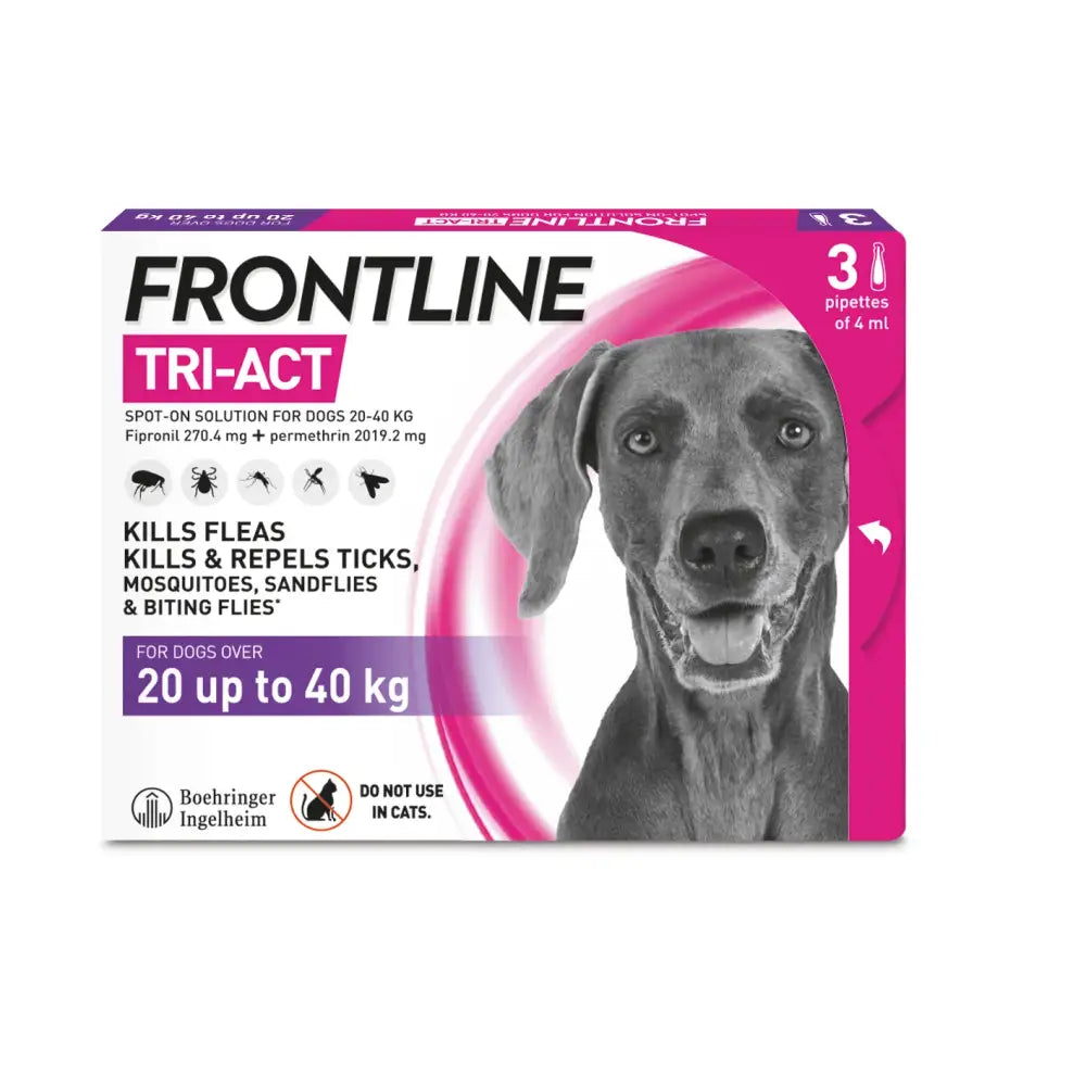 Pink and white frontline tri-act spot-on solution box for dogs with unique formula kills disease-carrying parasites faster