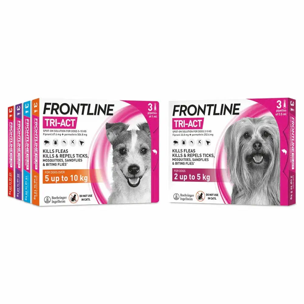 Pink and white frontline tri-act spot-on solution boxes for dogs with smiling dogs showing kills faster unique formula