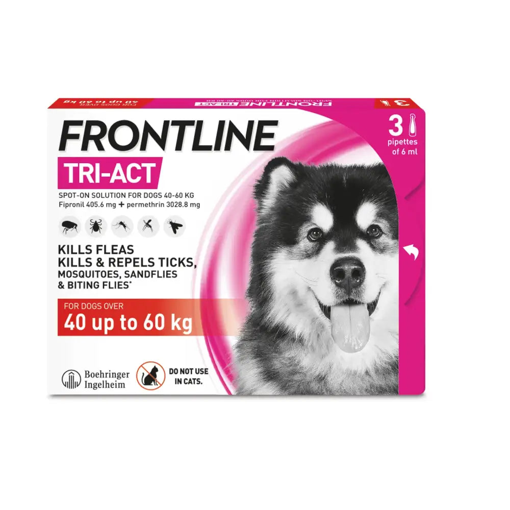 Pink and white box of frontline tri-act spot-on solution for dogs with unique formula kills faster disease-carrying parasites
