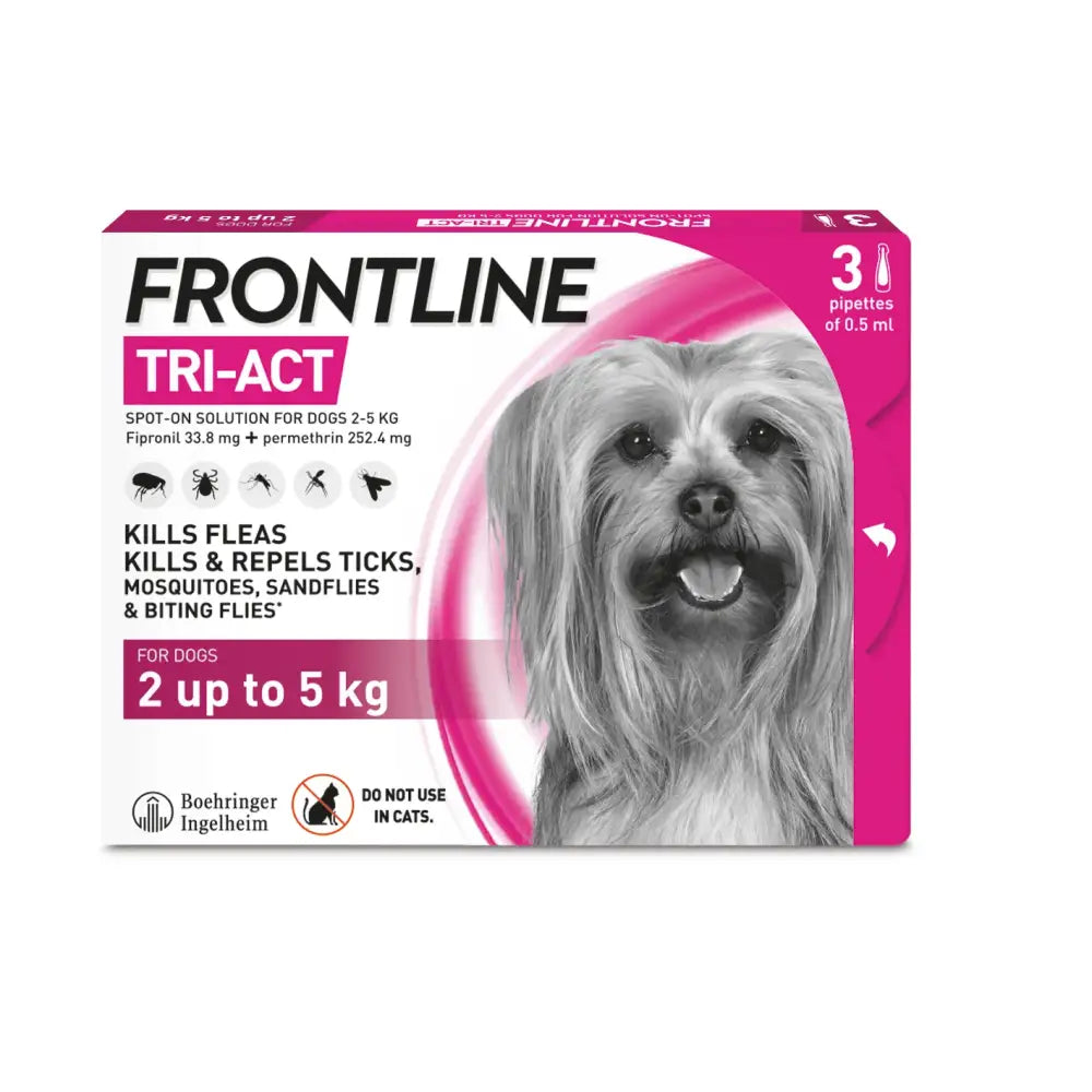 Pink and white frontline tri-act spot-on solution box for dogs 2–5 kg with unique formula kills disease-carrying parasites faster