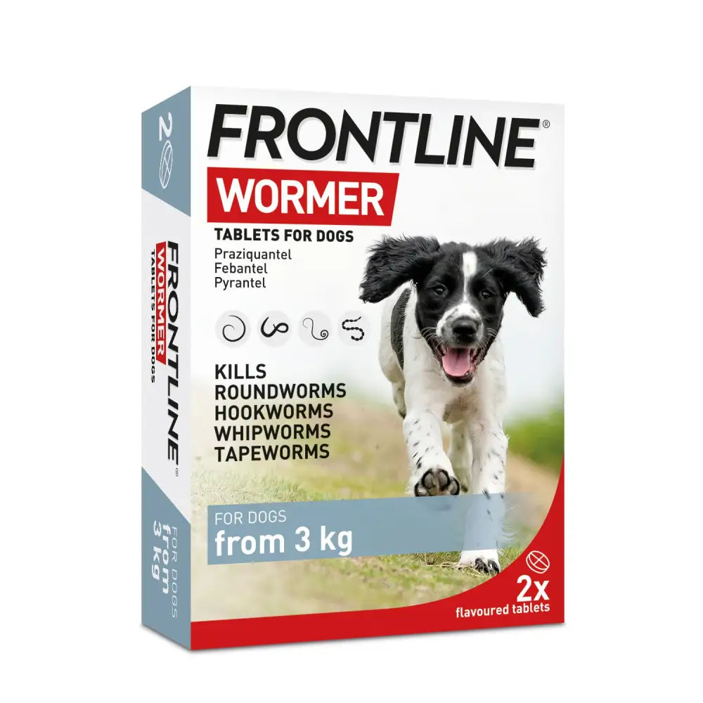 Frontline wormer tablets for dogs over 3kg in white and red box with black and white puppy image on front