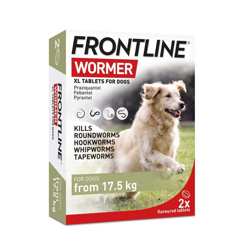 Frontline wormer xl tablets in a white red and green box for dogs over 17.5kg ideal for equestrian care