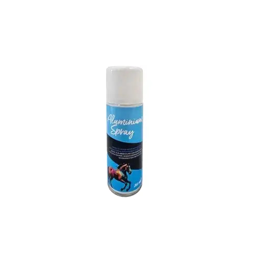 Blue and white fsah aluminium spray can with horse illustration for spray wound care and disinfecting metal film