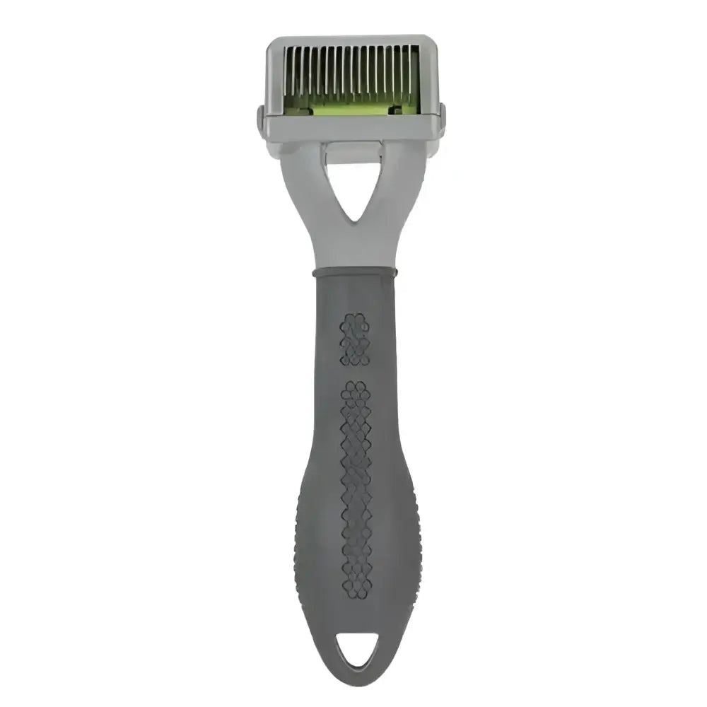 Gray plastic furminator adjustable dematter tool with textured grip and metallic needle head hand pet dematter