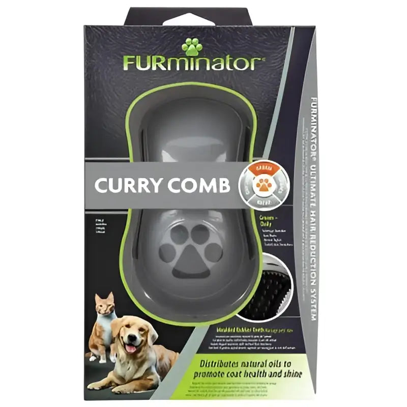 Furminator curry comb grooming brush in black and lime green with paw print handle to promote coat health