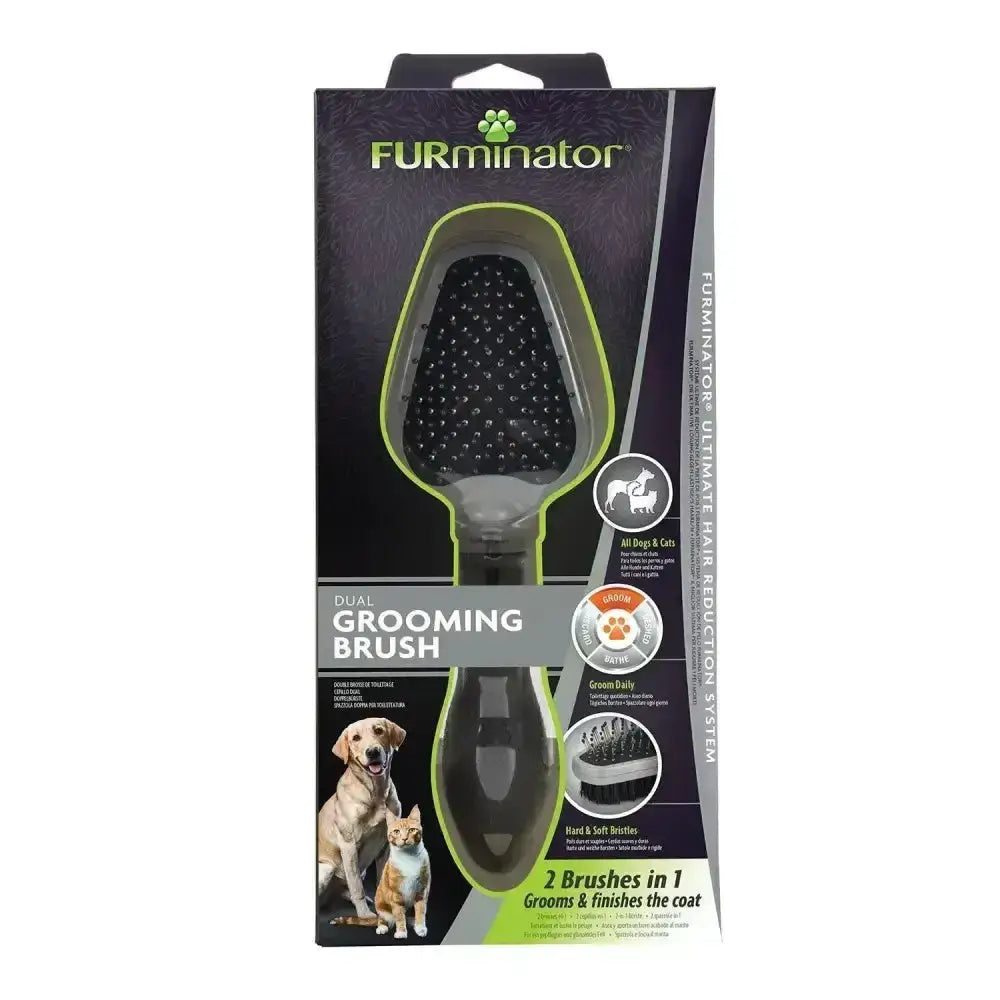 Furminator dual grooming brush with black and lime green accents features boars hair bristles for ultimate hair reduction