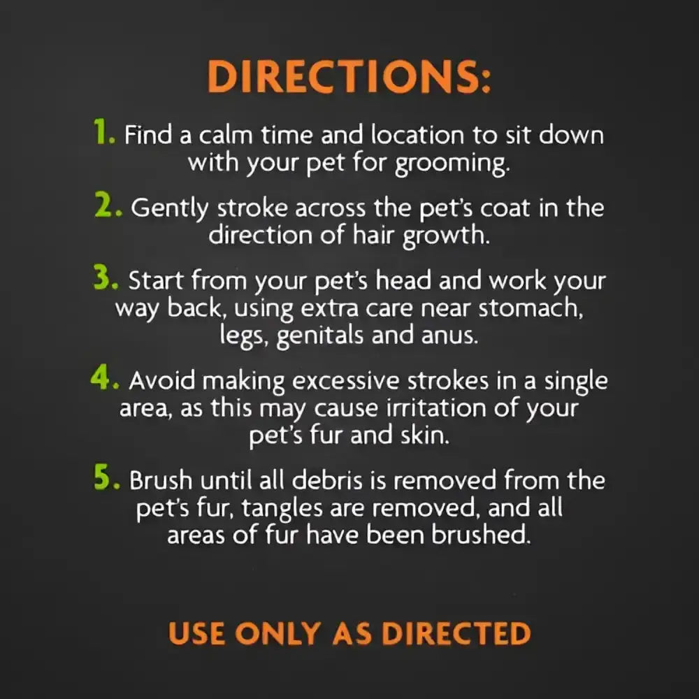 Orange and green text on the back of furminator dual grooming brush shows step-by-step pet grooming using boars hair bristles