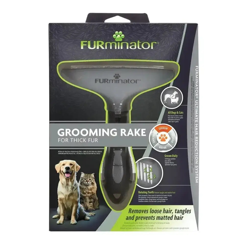 Furminator grooming rake with rotating teeth in black and lime green removes loose hair and prevents matted hair