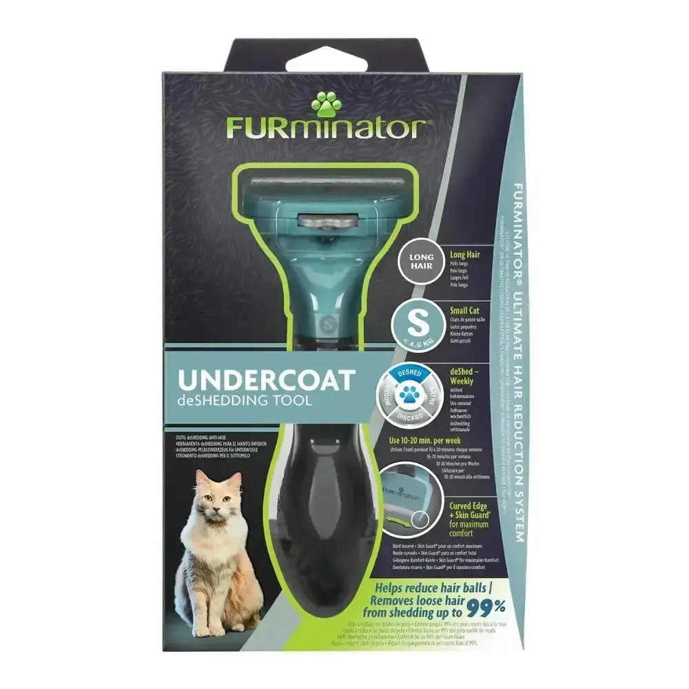 Furminator undercoat deshedding tool with teal and black handle designed for long hair small cats grooming