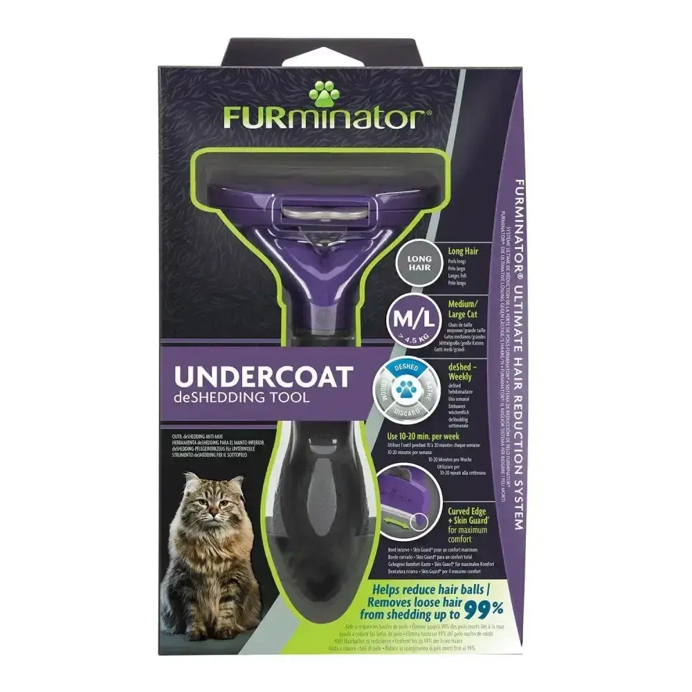 Purple and black furminator undercoat deshedding tool with curved edge design for long hair cat hair removal