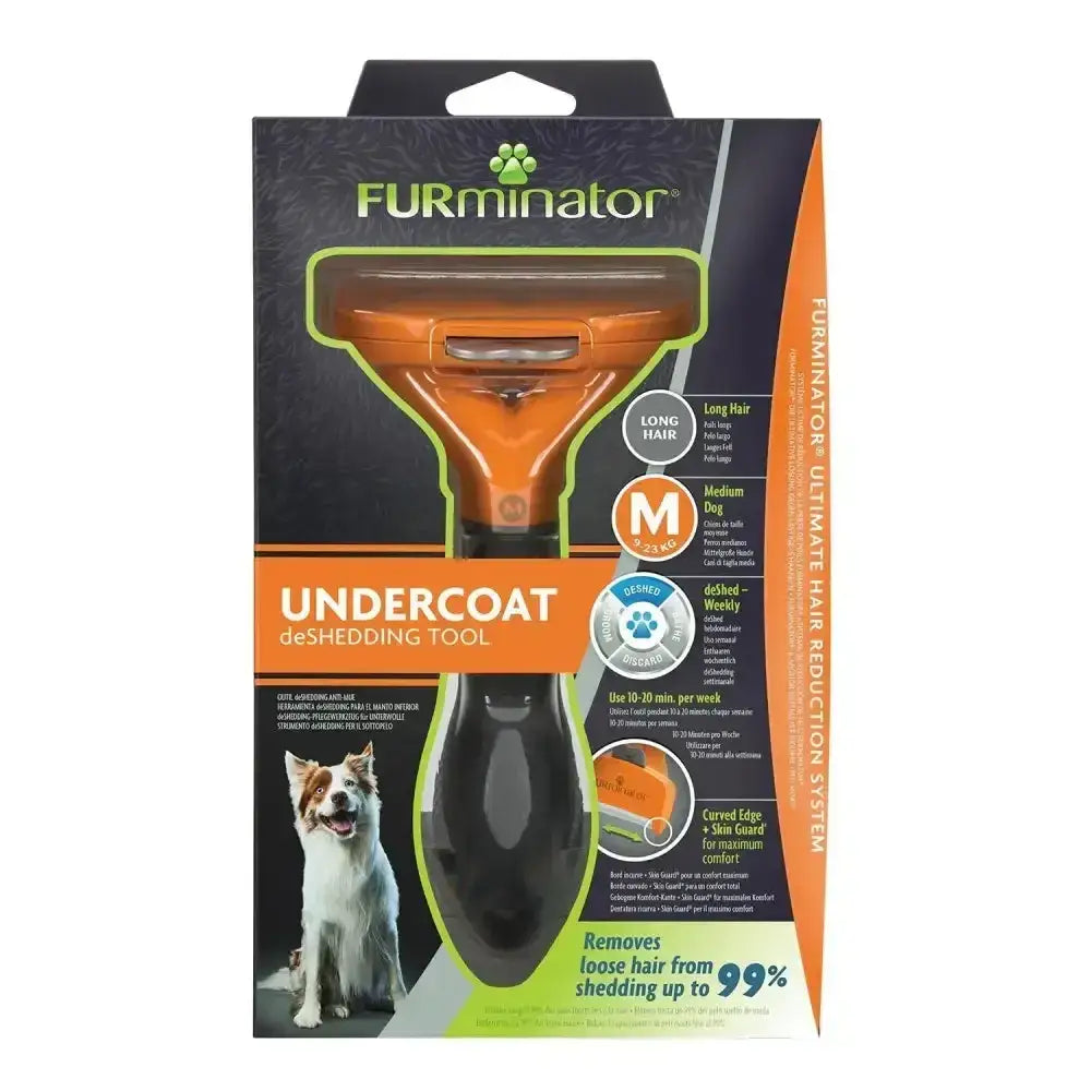 Orange and black furminator undercoat deshedding tool for long hair dog with curved edge design for effective pet hair removal