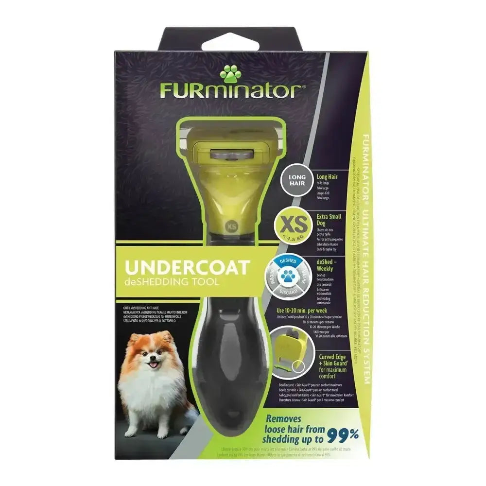 Furminator undercoat deshedding tool with lime green and black handle for extra small long hair dog grooming