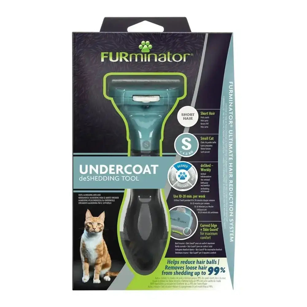 Furminator undercoat deshedding tool for short hair cats with teal and black design featuring curved edge and slim guard