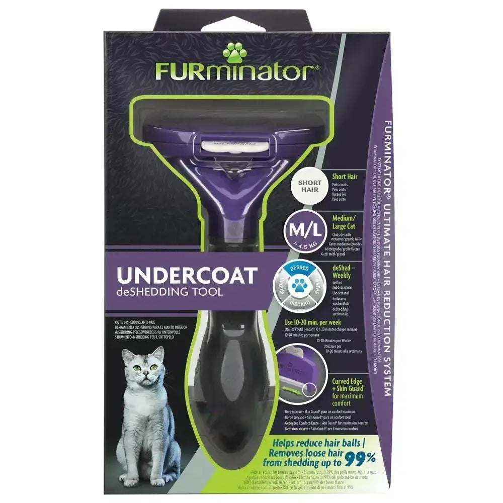 Purple and black furminator undercoat deshedding tool for short hair cat designed for medium to large cats
