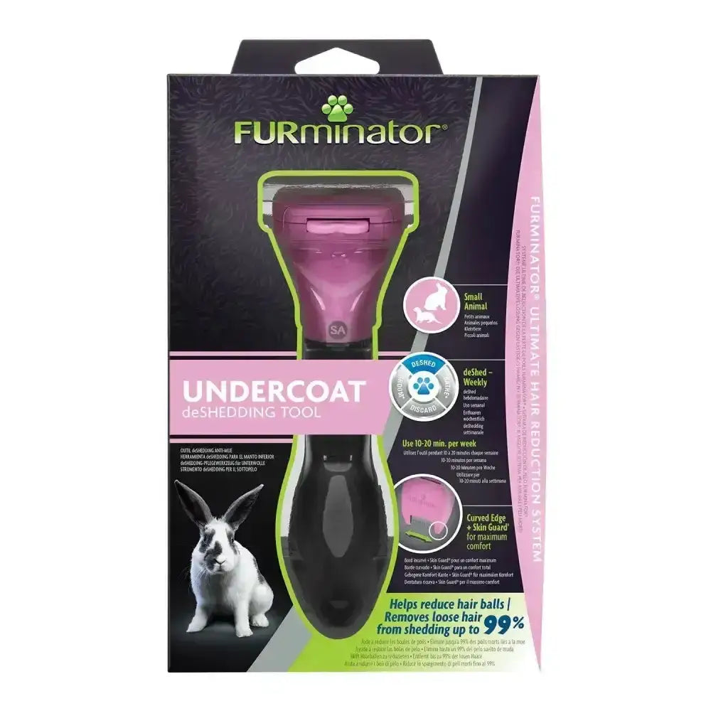 Furminator undercoat deshedding tool for small animals in purple and black helps reduce hairballs effectively