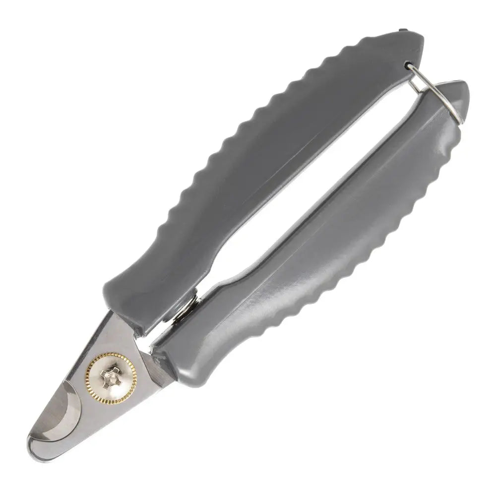 Gray plastic handled furrish nail clippers with metallic blade and gold screw for trimming your dog’s nails regularly