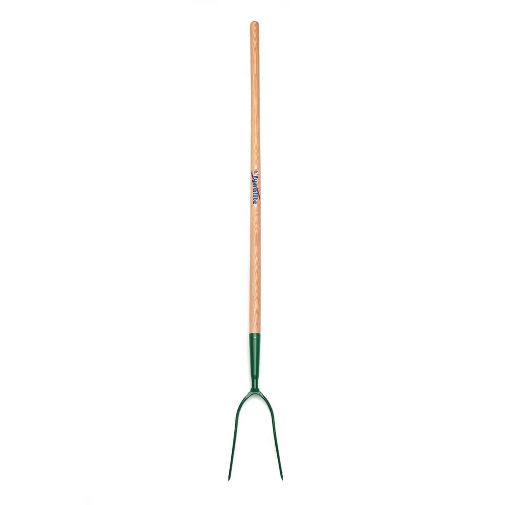 Green fynalite hay fork with best quality forged 2 prong ash handle and light brown wooden grip for gardening tasks
