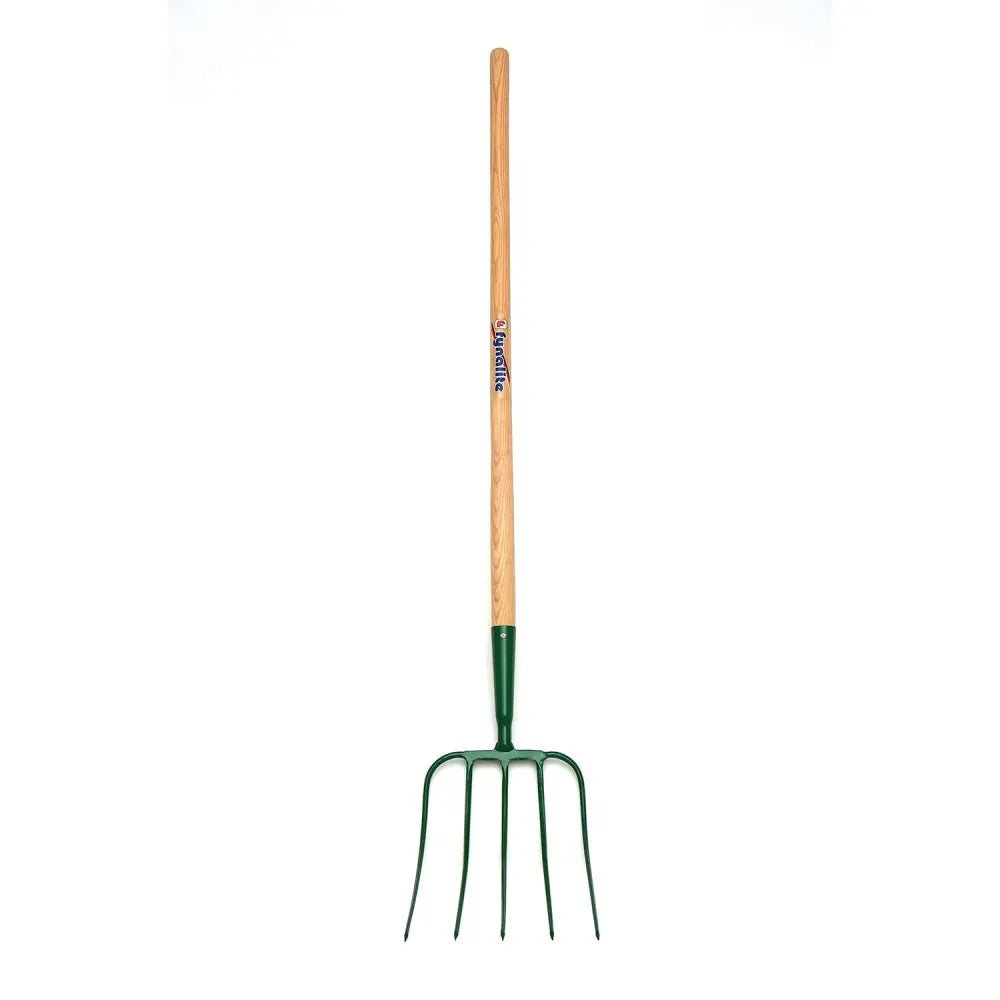 Green metal fynalite hay fork with 5 prong ash handle made from best quality forged materials for garden use