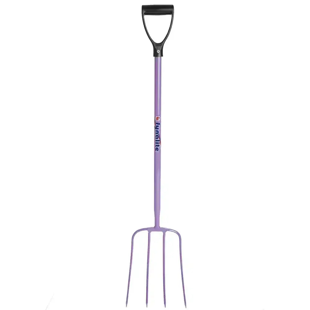 Purple-handled fynalite hi-strength manure fork with prong d-grip and four metal tines for heavy-duty gardening tasks