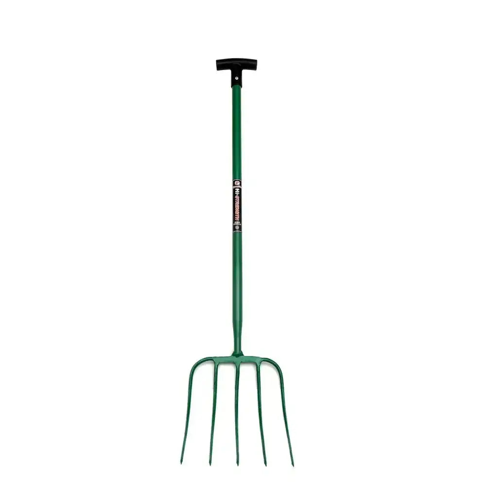 Green metal fynalite hi-strength manure fork with 5 prong t-grip handle for easy garden use
