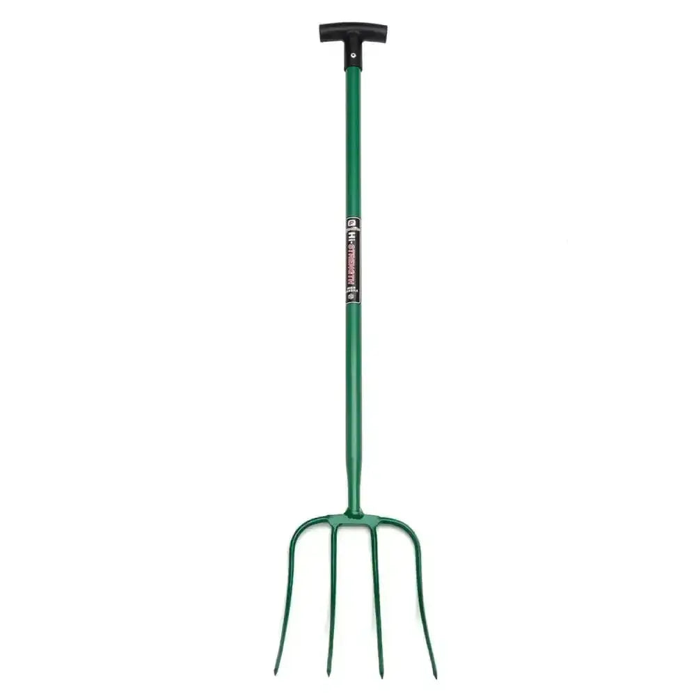 Green metal fynalite hi-strenth manure fork with 4 prongs and black t grip handle for easy digging
