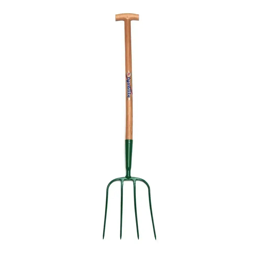Fynalite manure fork with green metal 4 prong t-grip ash handle and light brown wooden grip, best quality forged tool