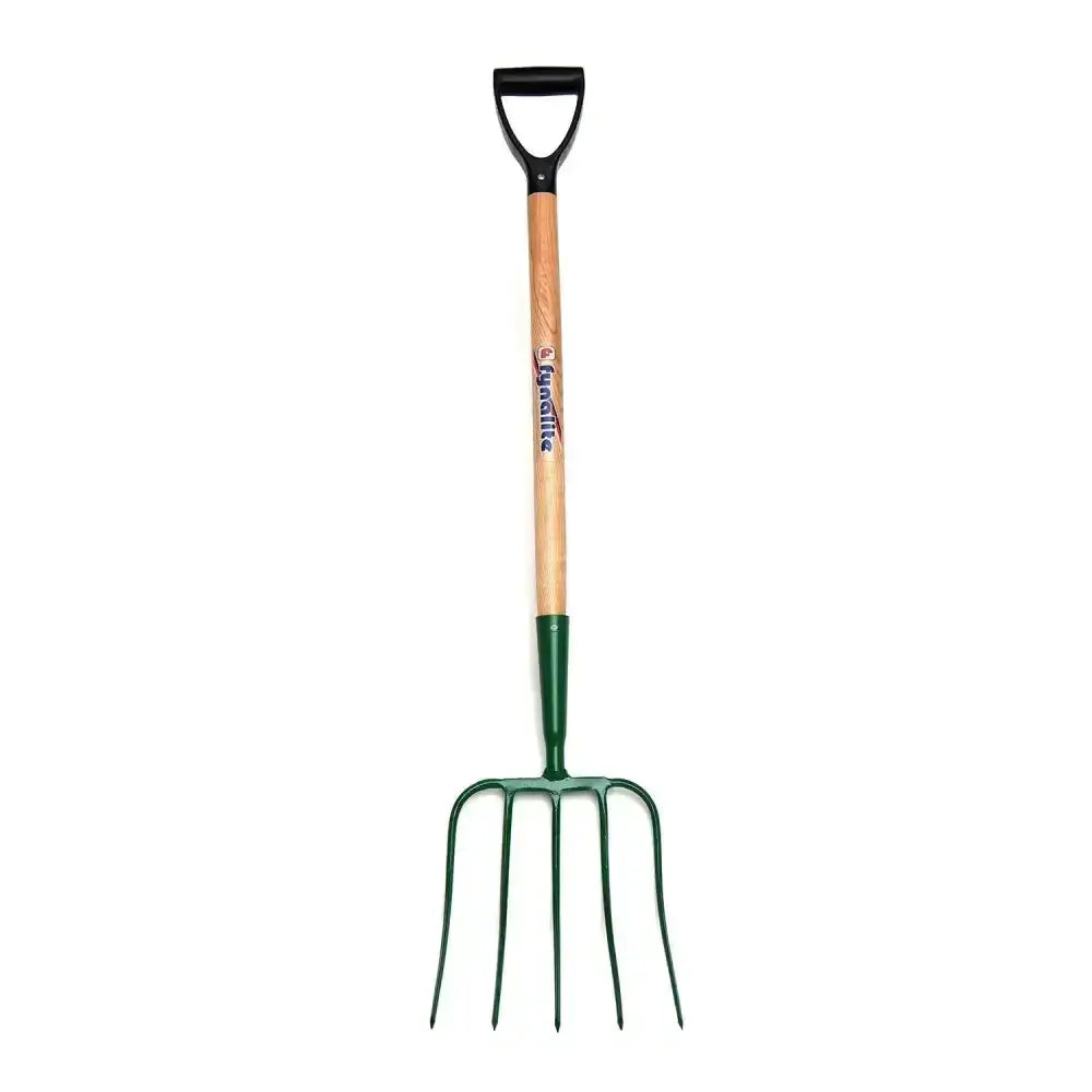 Green fynalite manure fork with quality forged high carbon 5 prong head ash handle d-grip and wooden shaft